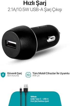SmartCharger 2.1A Araç Şarj Aleti + Lightning ile Uyumlu Kablo Siyah