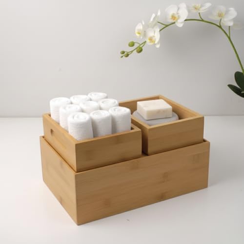 3'lü Modüler Bambu Organizer Set - Üst Üste Geçebilen Çok Amaçlı Çekmece İçi ve Masaüstü Düzenleyici Kutu - Banyo, Mutfak ve Ofis İçin Ahşap Saklama Seti - Görsel 3