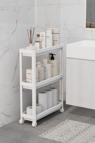 3 Katlı Tekerlekli Slim İnce Beyaz Banyo Mutfak Rafı Polipropilen Plastik MIT1125