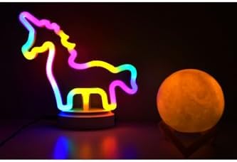 Sevimli Renkli Neon Unicorn Ve 3D Küre Stantlı, Pil + Kablo'lu Gece Lambası Çocuk Odası Festival Parti Dekorasyon