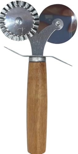 Çift Taraflı Paslanmaz Çelik Hamur ve Pizza Kesici, Tırtıklı ve Düz Bıçaklı, Ergonomik Ahşap Saplı, Ravioli, Mantı, Kurabiye ve Pizza Kesme Aleti