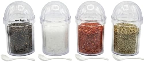 Şeffaf Kapaklı 4’lü Baharatlık Seti + Kaşık – 13 cm Yükseklik, 8 cm Genişlik – Çok Amaçlı Baharat ve Gıda Saklama Kutusu