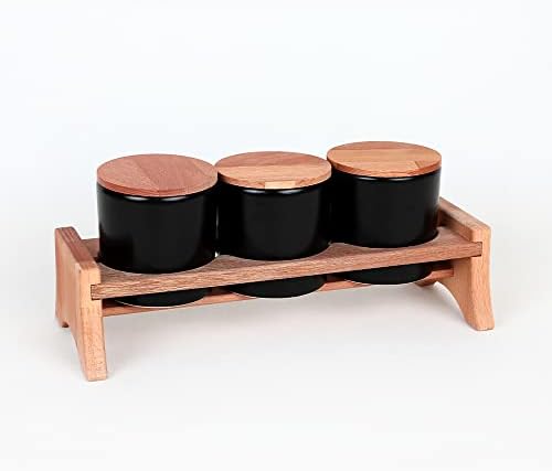 Keramika Mat Siyah Ege Ahşap Standlı Saklama Kabı 10 cm 3 Parça - Görsel 3