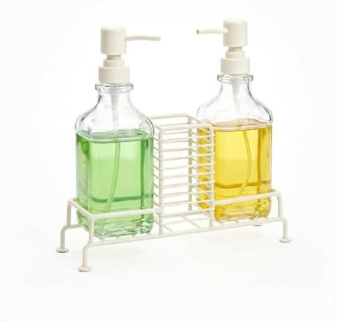 Alternative view of 2'li Standlı Kare Cam Sabunluk Seti | 2 x 500 ml | Ferforje Metal Standlı Siyah & Krem Renk Seçeneği | Sünger/Fırça Bölmeli Mutfak ve Banyo Düzenleyici (Krem)