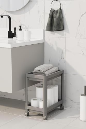 2 Katlı Tekerlekli Düzenleyici Raf Mutfak Tezgah & Evye Altı Dolap İçi Organizer, Banyo Deterjanlık ve Şampuanlık, Çok Amaçlı Taşınabilir Sebzelik, Modern Dekoratif Mutfak Raf Ünitesi (GRİ) - Görsel 3