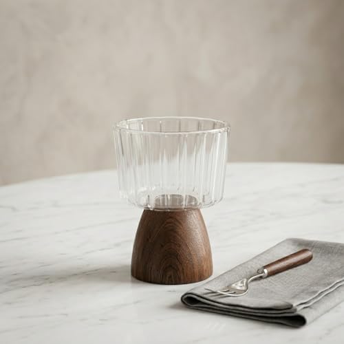 Doğal Akasya Ahşap Ayaklı Borosilikat Cam Sunumluk - Çerezlik, Dondurmalık ve Tatlı Kasesi (10x9x6 cm, 1 Adet, Küçük) - Görsel 2