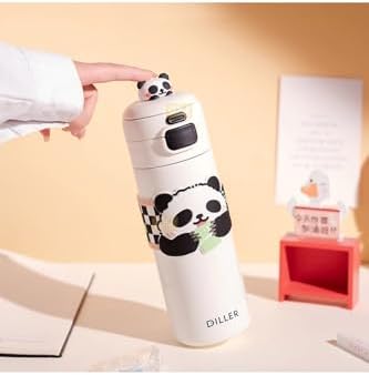 Diller 480ml Sevimli Hayvanlar Süslü Pipetli/Pipetsiz El Askılı Paslanmaz Çelik Termos (Panda)