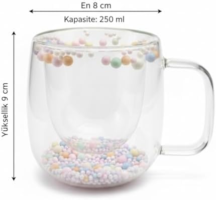 Renkli Boncuk Detaylı 250 ml Isıya Dayanıklı Çift Cam Kupa – Şık, Hafif ve Yalıtımlı Tasarım