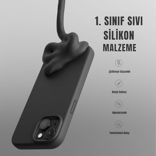 iPhone 13/14 ile Uyumlu Lansman Silikon Kılıf, Kamera Korumalı Kadife İç Astarlı Esnek ve Darbe Emici Mat Siyah Kapak - Görsel 2
