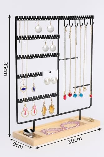 Takı Organizeri, Takı Standı Metal Stand ve Ahşap Taban, 35x30x9.5 cm, Küpe Kolye Yüzük Düzenleyici, Siyah