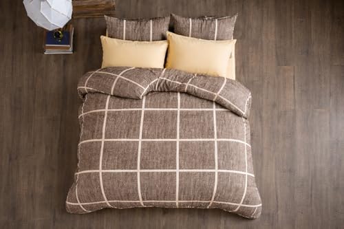 Lüks%80 Pamuklu Çift Kişilik Nevresim Takımı Seti Yorgan Kılıfı LOVE KALP Desen 200x220 cm + Lastikli Battal Boy Çarşaf 180x200x30 cm +2 Yastık Kılıflı 50x70 cm (Kahverengi, Kareli) - Görsel 3