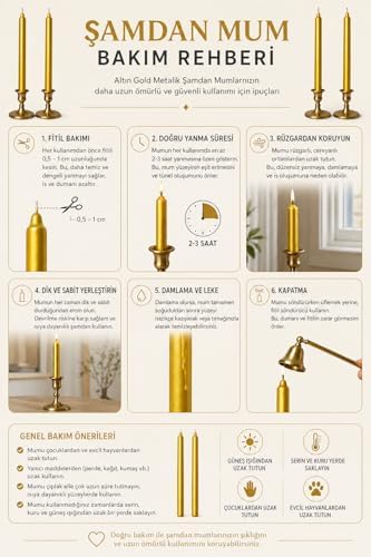 2’li Altın Gold Metalik Şamdan Mum Seti 25 cm – Dekoratif İnce Şamdan Mum, Kokusuz Parafin Wax,%100 Pamuk Fitil, El Döküm, Uzun Süre Yanma (~10 Saat), Şık Sofra, Davet, Nişan, Düğün