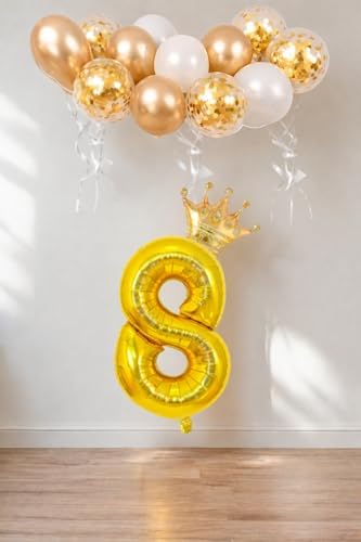 Alternative view of 8 Rakam Gold Folyo Balon, Kral Tacı Ve Konfetili Gold Balon
