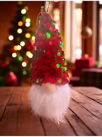 Gnome Şans Cücesi (15 Cm) – Kırmızı Yeşil Payetli Şapkalı Yılbaşı Süsü Dekorasyonu, Kırmızı