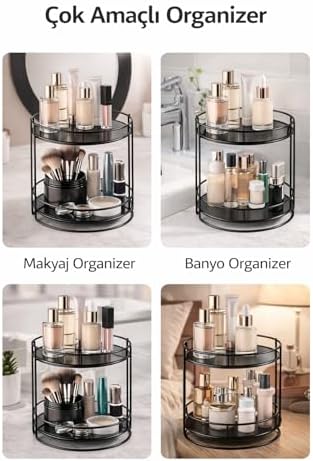 2 Katlı Makyaj Organizer – Metal Kozmetik Düzenleyici Stand | Banyo ve Makyaj Masası İçin Çok Amaçlı Organizer Raf | Takı, Parfüm ve Cilt Bakım Ürünleri İçin Siyah Organizer