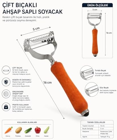 Çift Bıçaklı Ahşap Saplı Sebze ve Meyve Soyacak – Paslanmaz Çelik Ultra Keskin Tırtıklı & Düz Bıçaklı, Ergonomik Kaymaz Sap, Patates Havuç Kabak Elma İçin Profesyonel Mutfak Soyucu