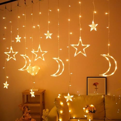 Ay Yıldız Figürlü Perde Led Işık, 3.5 Metre 12 Sarkıtlı Dekoratif Aydınlatma, 8 Fonksiyonlu ve Eklenebilir Fişli, 3200K Günışığı (Sarı) Ramazan ve Ev Dekoru