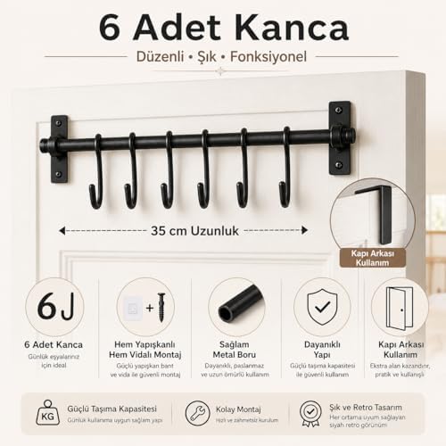 Alternative view of 6 Kancalı Retro Askılık, 35 cm Siyah Plastik Duvar Askısı, Hem Yapışkanlı Hem Vidalı Montajlı Fincan Askısı, Kahve Köşesi ve Mutfak Düzenleyici Kupa Askılığı