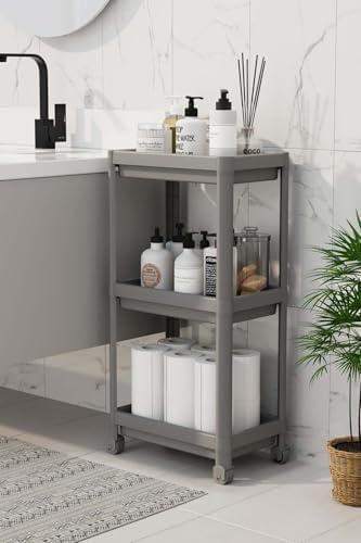 3 Katlı Tekerlekli Raf Ünitesi - Banyo & Mutfak Organizer - Çok Amaçlı Servis Sehpası - Dar Alanlar İçin Pratik Saklama Çözümü (GRİ)