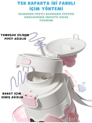 Diller 480ml Sevimli Hayvanlar Süslü Pipetli/Pipetsiz El Askılı Paslanmaz Çelik Termos (Pembe Panda)