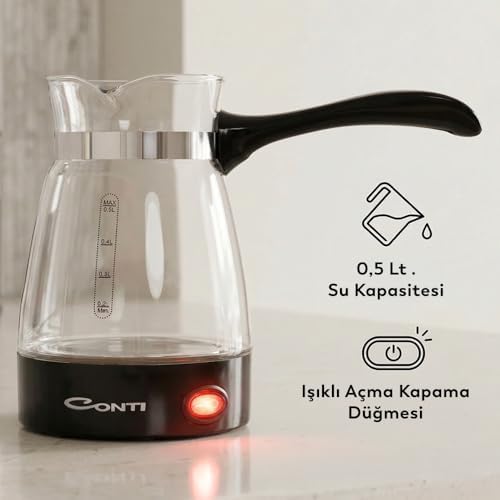 CKC-340 Fortune Elektrikli Cam Cezve – 650W, 0.5 L, Paslanmaz Gizli Rezistans, 360° Kablosuz Kullanım, Türk Kahvesi Makinesi, Siyah