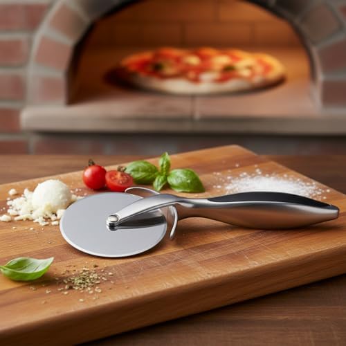 Paslanmaz Çelik Pizza Dilimleyici ve Kesici - Ergonomik Saplı Profesyonel Hamur Kesme Bıçağı - Parmak Koruyuculu Keskin Döner Bıçak