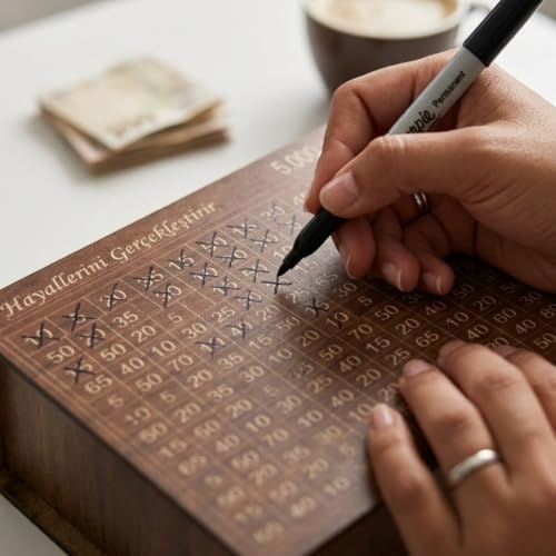 Ahşap Kumbara, 5.000 TL Birikim Hedefi, Tasarruf Kutusu, Kahverengi, 20x15 cm - Görsel 3