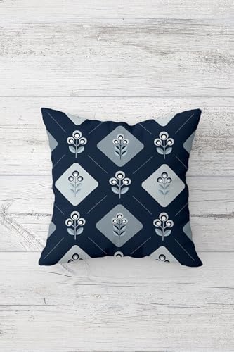 Lacivert Mini Çiçekler Gizli Fermuarlı Kırlent Kılıfı Koltuk Yastık Kılıfı Takım(4ADET), Lacivert-İndigo 45 x 45