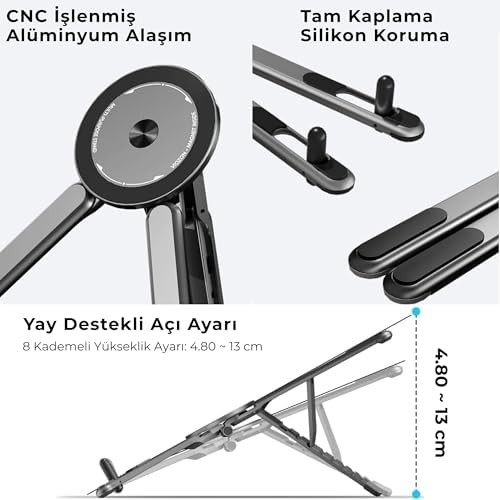 Manyetik 3’ü 1 Arada Ayarlanabilir Masaüstü Laptop, Tablet ve Telefon Standı – Katlanabilir Metal Gövde - Görsel 2
