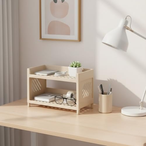 Alternative view of Çok Amaçlı 2 Katlı Organizer Raf – Bej Plastik Düzenleyici Stand – Banyo, Mutfak, Masaüstü ve Ofis İçin – 25 x 18 cm