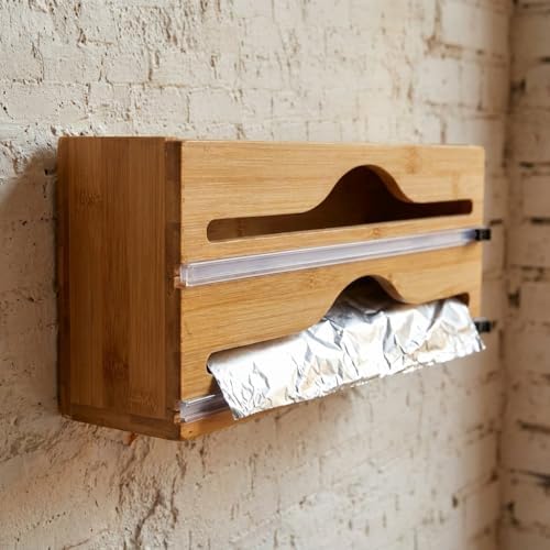 Alternative view of 2 Bölmeli Doğal Bambu Folyoluk ve Streç Film Kesici Organizer - Sürgülü Bıçaklı Duvara Monte Edilebilir Çekmece İçi Düzenleyici Pişirme Kağıdı ve Alüminyum Folyo Standı (35,5 x 14 x 7 cm)
