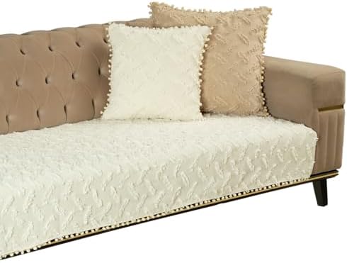 Ponela Bohem Ponponlu Koltuk Örtüsü 90x200 cm Sadece Oturma Alanı (1 Adet)- Ekru
