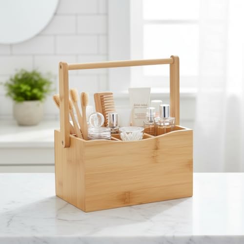 Alternative view of Bambu Taşıma Kulplu Çok Amaçlı Düzenleyici - 6 Bölmeli Çatal Bıçaklık | Ofis, Banyo ve Masaüstü Caddy Organizer (21.6x14x12.7 cm)