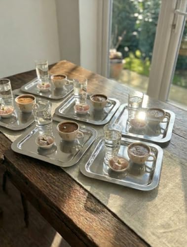6'lı Lüks Paslanmaz Çelik Kare Sunum Tepsisi Seti - Gold ve Gümüş Seçenekli-Kahve Yanı İkramlık, Lokumluk, Dekoratif Takı Tabağı ve Bardak Altlığı (Gümüş)