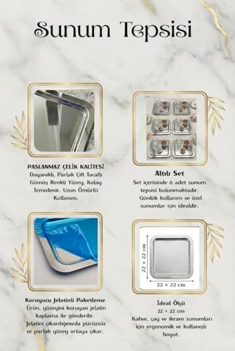 Alternative view of 6'lı Lüks Paslanmaz Çelik Kare Sunum Tepsisi Seti - Gold ve Gümüş Seçenekli-Kahve Yanı İkramlık, Lokumluk, Dekoratif Takı Tabağı ve Bardak Altlığı (Gümüş)