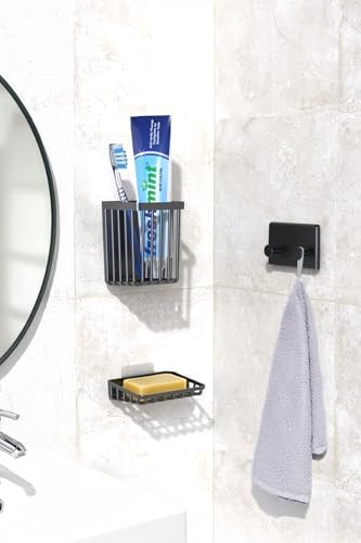 Banyor 6'Lı Banyo Seti Yapışkanlı Banyo Düzenleyici Şampuanlık Diş Fırçalık Sabunluk Askılık Takımı Siyah - Görsel 3
