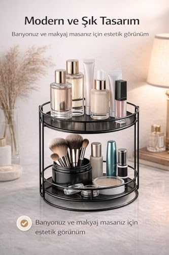 2 Katlı Makyaj Organizer – Metal Kozmetik Düzenleyici Stand | Banyo ve Makyaj Masası İçin Çok Amaçlı Organizer Raf | Takı, Parfüm ve Cilt Bakım Ürünleri İçin Siyah Organizer
