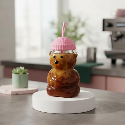 Sevimli Ayıcık Figürlü Borosilikat Cam Bardak 580 ml - Silikon Kapaklı ve Pipetli Lüx Barista Soğuk İçecek Bardağı (PEMBE) - Görsel 3