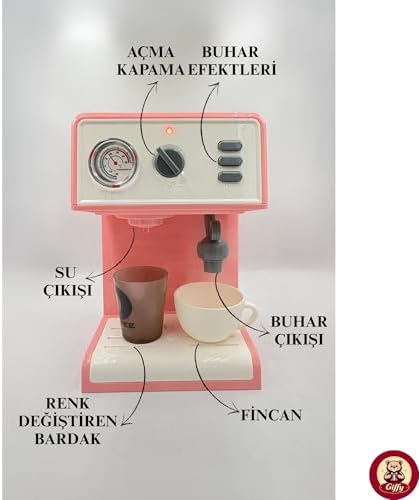 Oyuncak Buharlı Sesli Işıklı Kahve Makinesi Pilli Gerçekçi Su Akışlı Renk Değiştiren Bardaklı Mini Barista Seti (Pembe) - Görsel 3