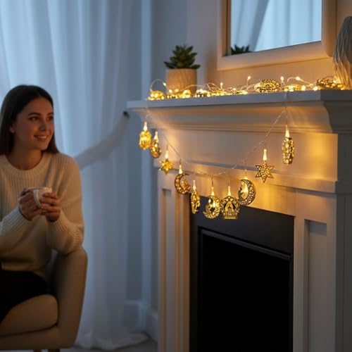 10’lu 2 Metre Pilli LED Ramazan Kandil Temalı Dekoratif Işık, Sarı Işık 2 Modlu Aydınlatma, Oda Balkon ve Duvar Süsleme İçin Uygun,Şık Tasarım-CK1 (Ramazan Işığı, 10 Lu 2 Metre) - Görsel 3