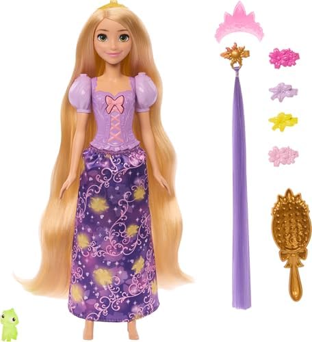 Mattel Işıklı saçlarıyla 'nin Karmakarışık filminden ilham alan Mattel  Prensesi Rapunzel bebek, 4 parlayan ayrıntı, Pascal figürü ve 7 saç şekillendirme aksesuarı, JHL46
