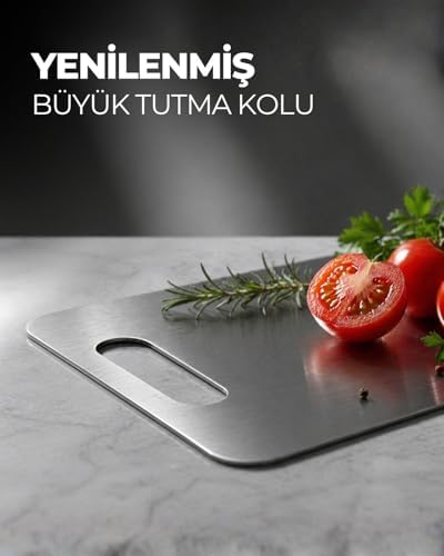 1,5 mm Paslanmaz 304 Kalite Çelik Kesme Tahtası, Bulaşık Makinesinde Yıkanabilir, Mutfak için Metal Doğrama Tahtası,Bıcak Dostu,Özel Ayaklı,Hijyenik ve Dayanıklı,34x23 cm,Kolay Temizlenebilir.