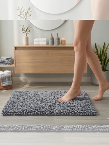 Şönil Banyo Paspası, Mikro Elyaf, Beyaz, 40x60 cm Banyo Halısı, Uzun Tüylü, Yüksek Emicilik, Makinede Yıkanabilir (Gri) - Görsel 3