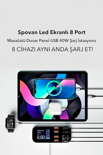 Alternative view of Spovan Led Ekranlı 8 Port Masaüstü Duvar Seyahat Type C USB 40W Şarj İstasyonu Adaptörü