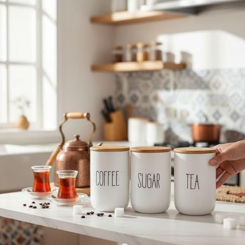 3'lü Bambu Kapaklı Seramik Kavanoz Seti - Vakumlu Çay Şeker Kahve Saklama Kabı - Coffee Sugar Tea Yazılı Beyaz Baharatlık (700 ml) - Görsel 3