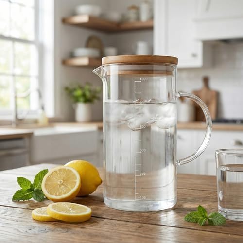 1000ml Bambu Kapaklı Cam Ölçü Kabı – Dayanıklı ve Şeffaf Sıvı & Kuru Malzeme Ölçme Kabı | Mutfak İçin Hassas Ölçüm ve Saklama Çözümü 1000ml - Cam Sürahi Ölçü Kabı
