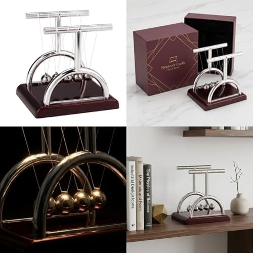 Newton Sarkacı, Krom Kaplı Çelik Toplar, Ahşap Tabanlı, 20x20 cm, Masa Dekoru, Fizik Deneyi Oyuncağı - Görsel 3