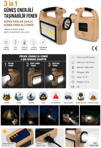 MAX Energy 3in1 Güneş Enerjili Taşınabilir Fener, Çok Amaçlı Güneş Enerjili Projektör, Profesyonel Güçlü Işıklı Şarjlı LED,Trekking & Balıkçılık, Kamp & Acil Durum Şarjlı, Taşınabilir, Çok Amaçlı Krem