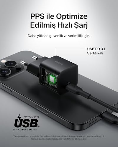 USB-C Fiş 25 W - USB-C Telefon Şarj Cihazı, Apple iPhone 16, 15 Plus, Pro, Pro Max, iPad,  Galaxy S25, Pixel 9, Nintendo Switch ve Fazlası için PD 3.0 PPS Hızlı Şarj Cihazı, Siyah
