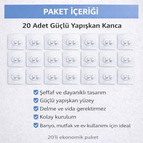 SOGUD Kendinden Yapışkanlı Askı 20'li Set – Güçlü Vakum Duvar Askısı, Su Geçirmez Banyo & Mutfak Askılığı, Delme Gerektirmeyen Raf ve Havlu Askısı, Fayans Cam İçin Şeffaf Yapışkan Askı - Görsel 3